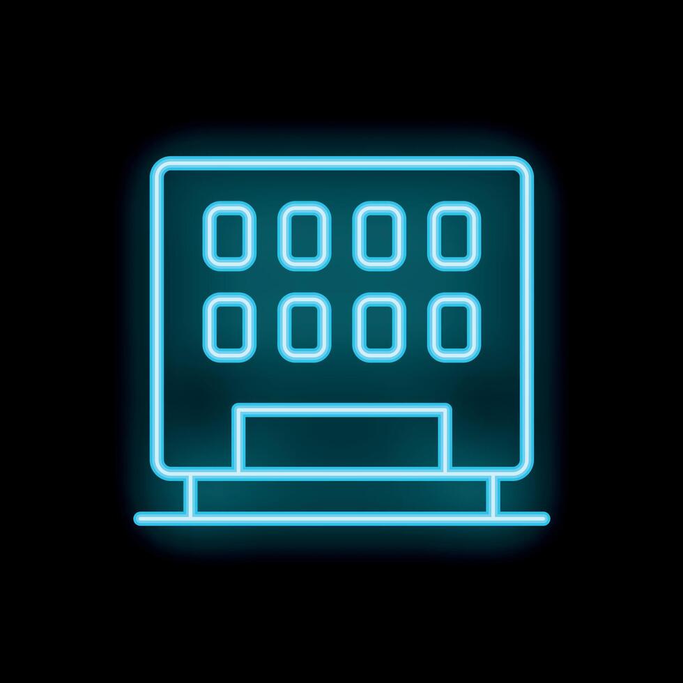 Glowing neon sign depicting a building facade at night with illuminated windows on black background vector