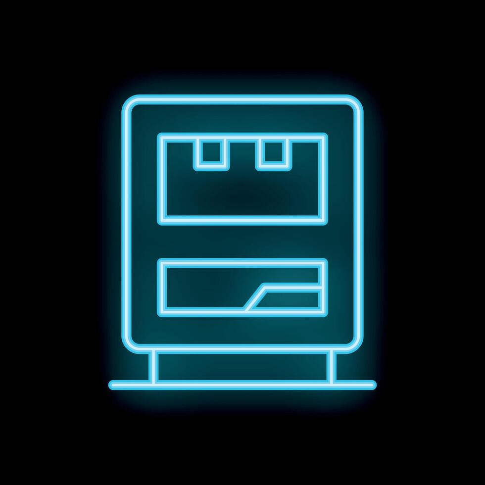 Bright blue neon vending machine glowing on a black wall vector
