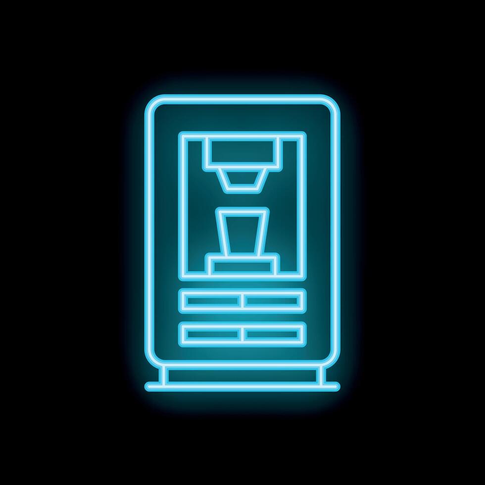 Blue neon sign coffee machine making fresh espresso using capsule system on black background vector