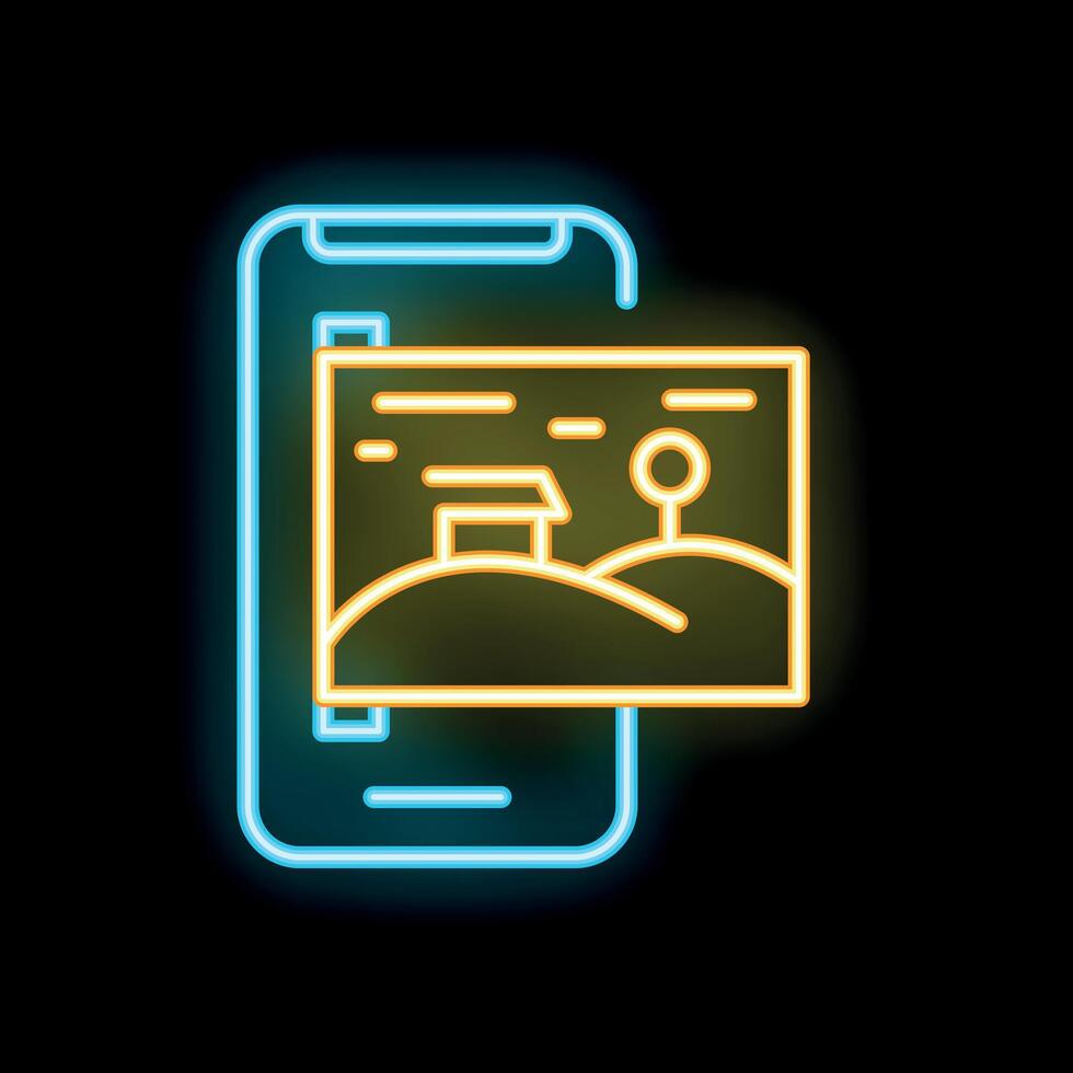 Neon smartphone showing image sharing app interface with countryside landscape vector