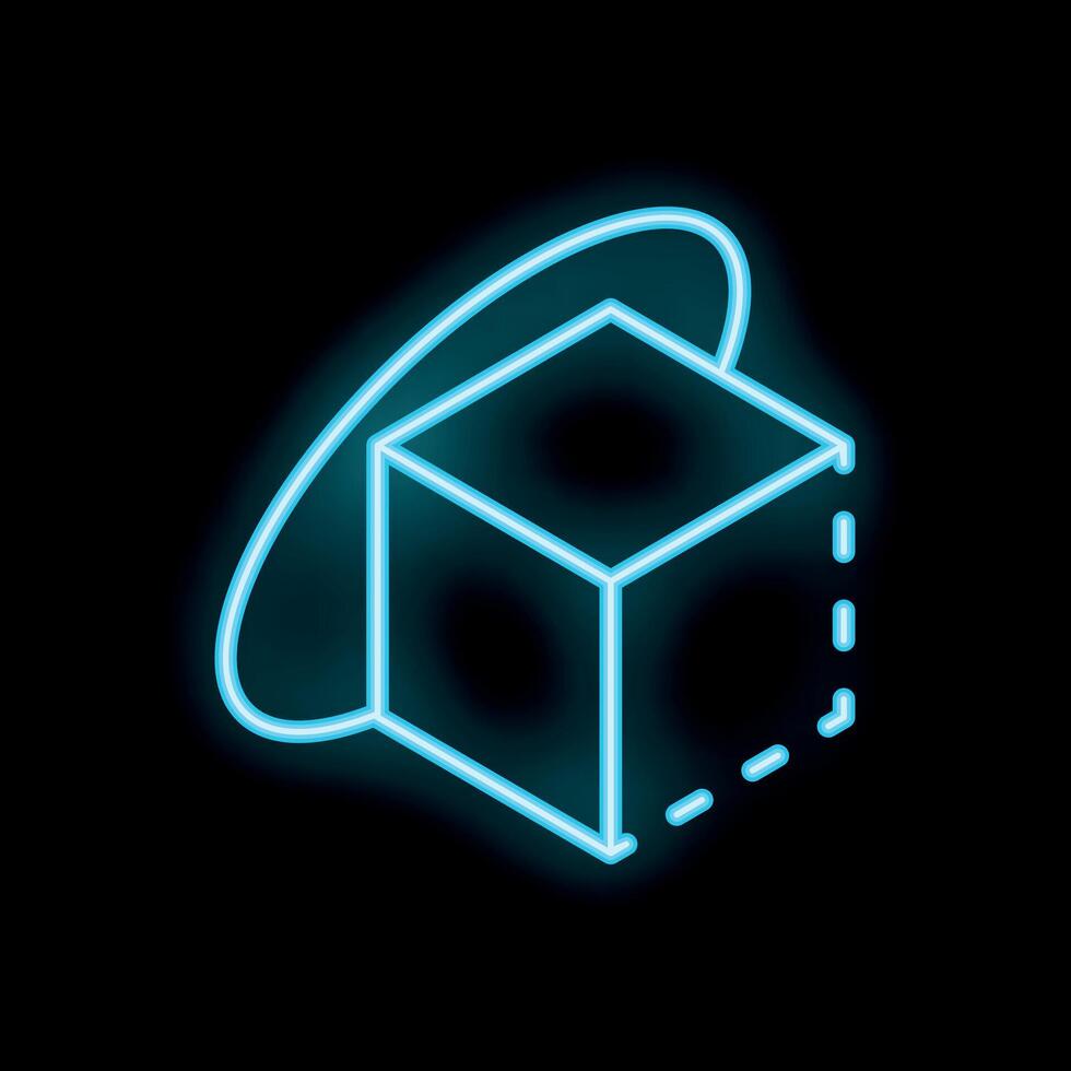 Neon cube rotating with dashed line leaving trail on black background vector