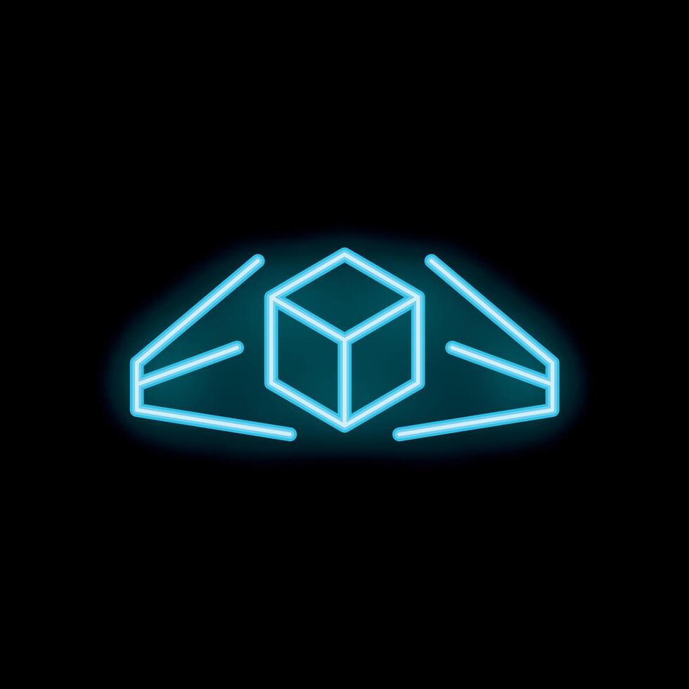 Neon augmented reality logo with cube rotating in hands on black background vector