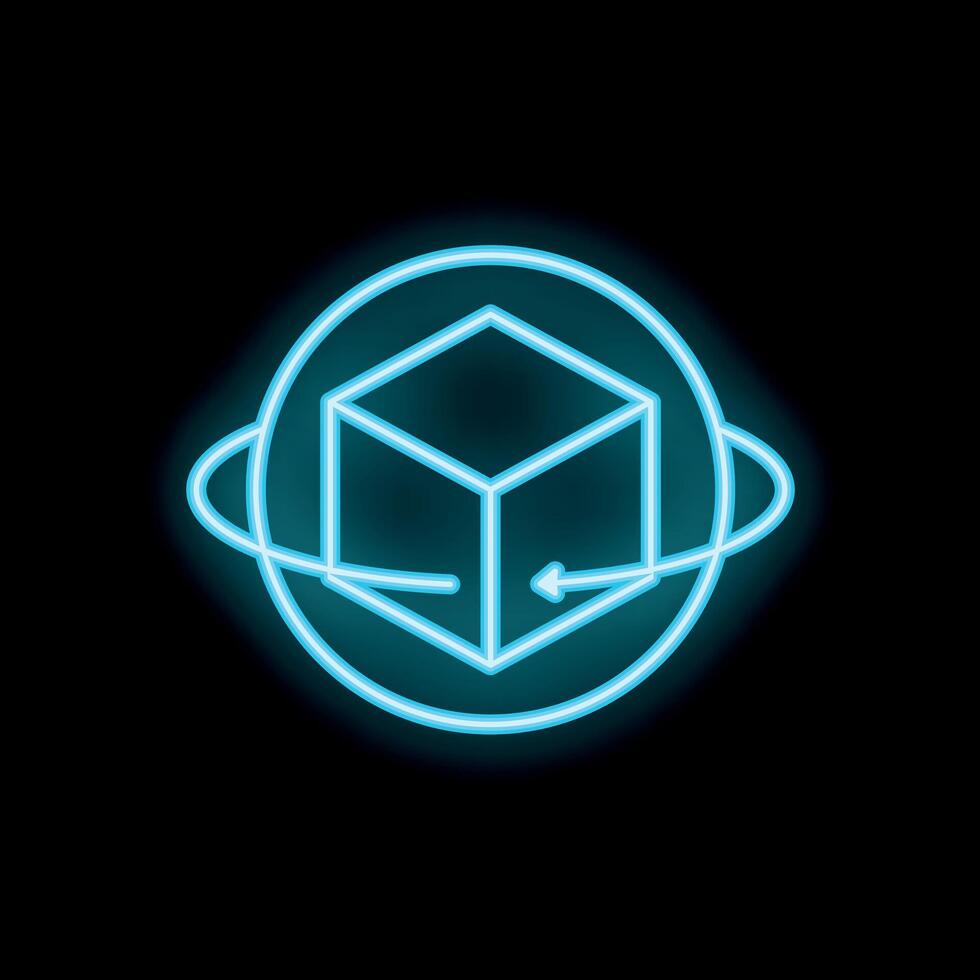 Neon blue 3d modeling software cube rotating in space with arrow symbol vector