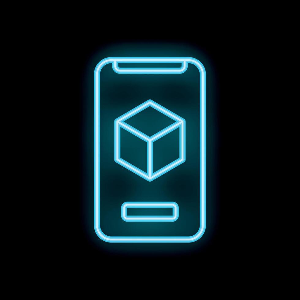Neon smartphone showing augmented reality cube symbol on screen vector