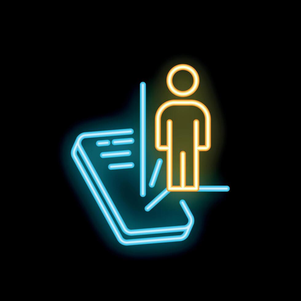 Neon sign of a businessman appearing from a smartphone screen vector