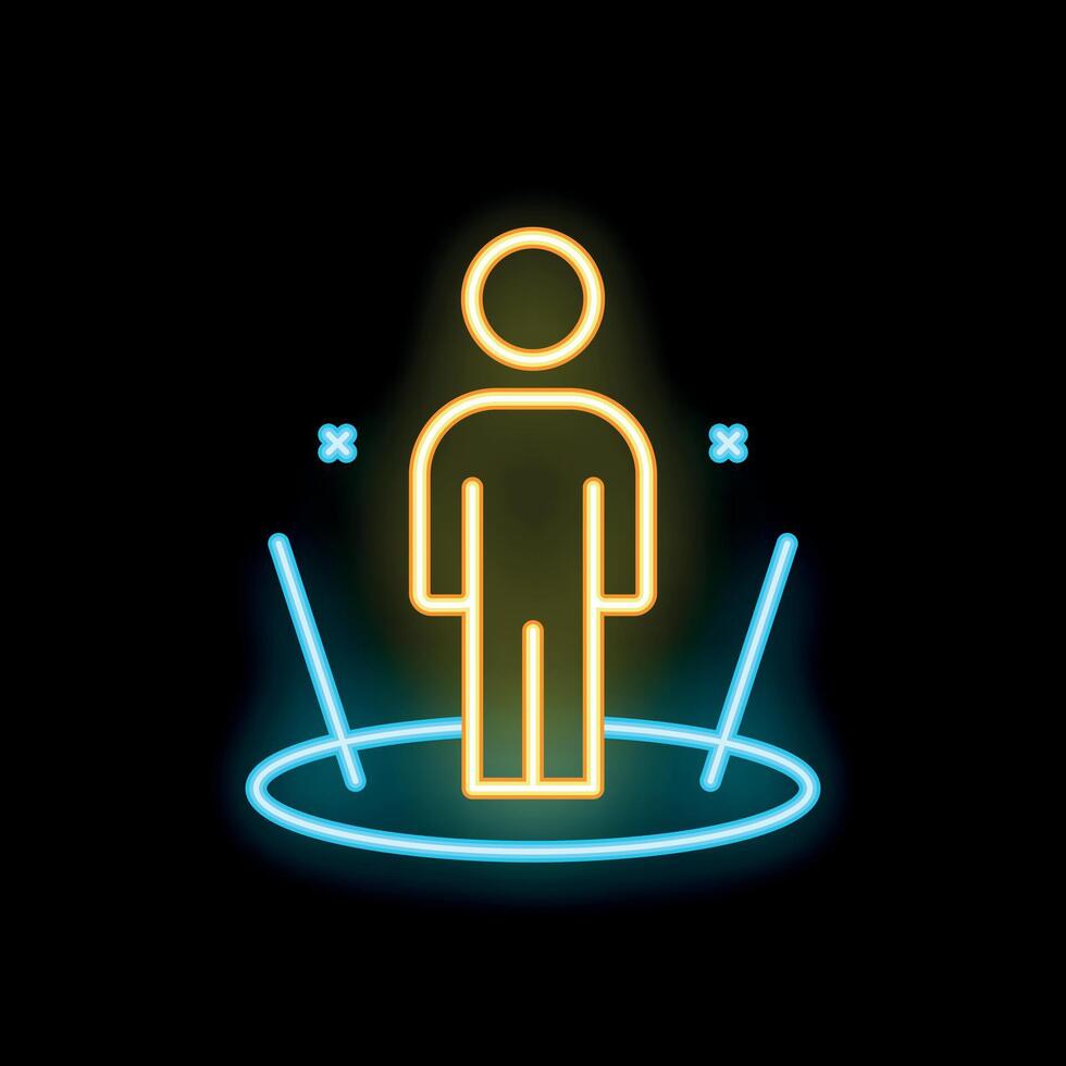 Neon sign of man standing in a circle with lines pointing at him vector