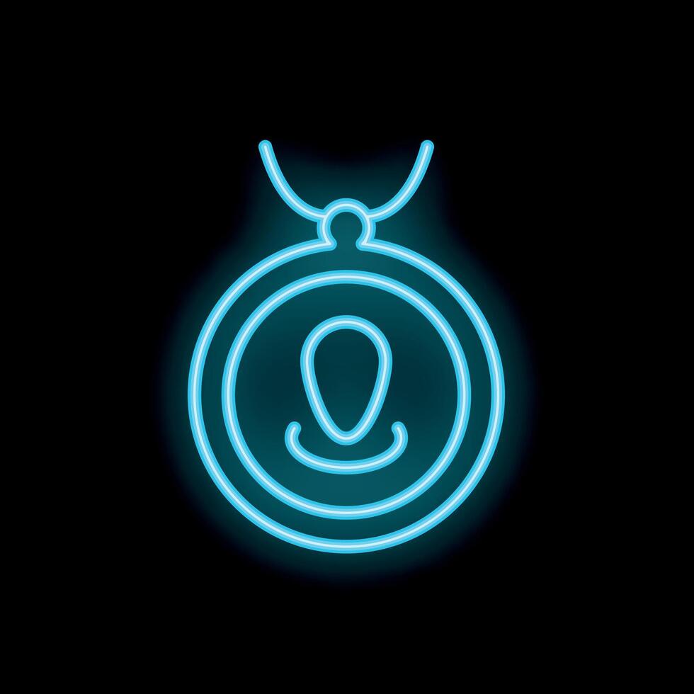 Neon blue icon of a medallion with a person inside on black background vector