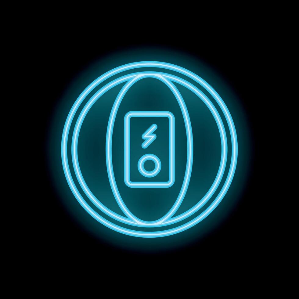 Neon blue sign showing wireless charging technology on black background vector