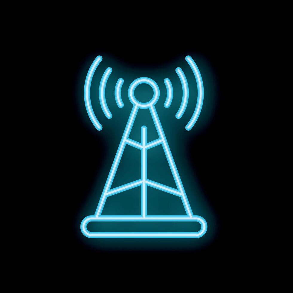 Neon icon of radio tower transmitting signal on black background vector