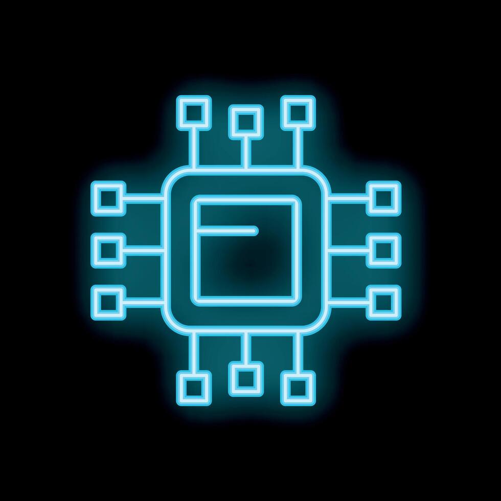 Neon blue cpu microchip icon glowing on black background vector