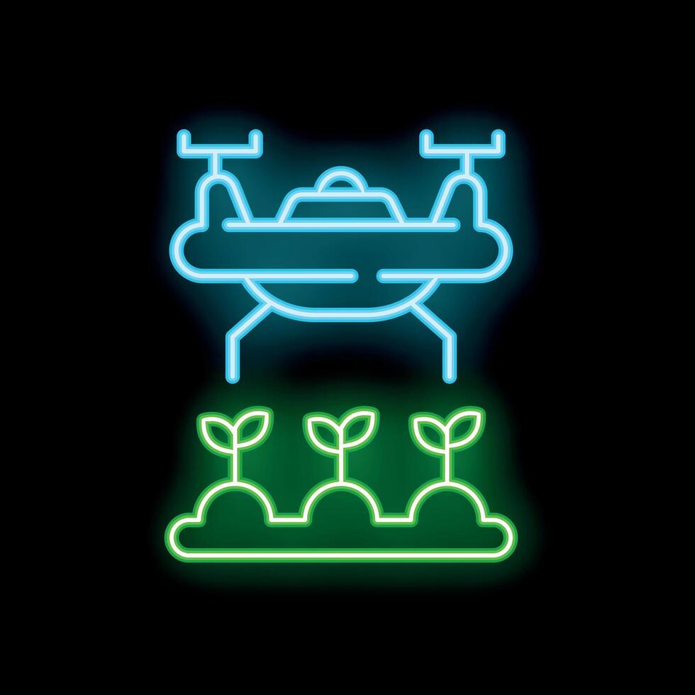 Neon icon of drone spraying crops in the field vector