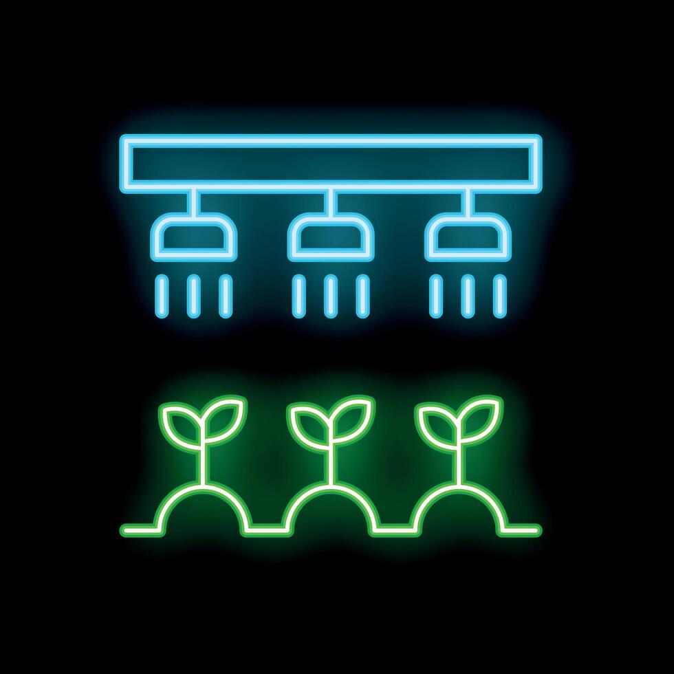 Neon icon of irrigation system watering seedlings growing from ground vector