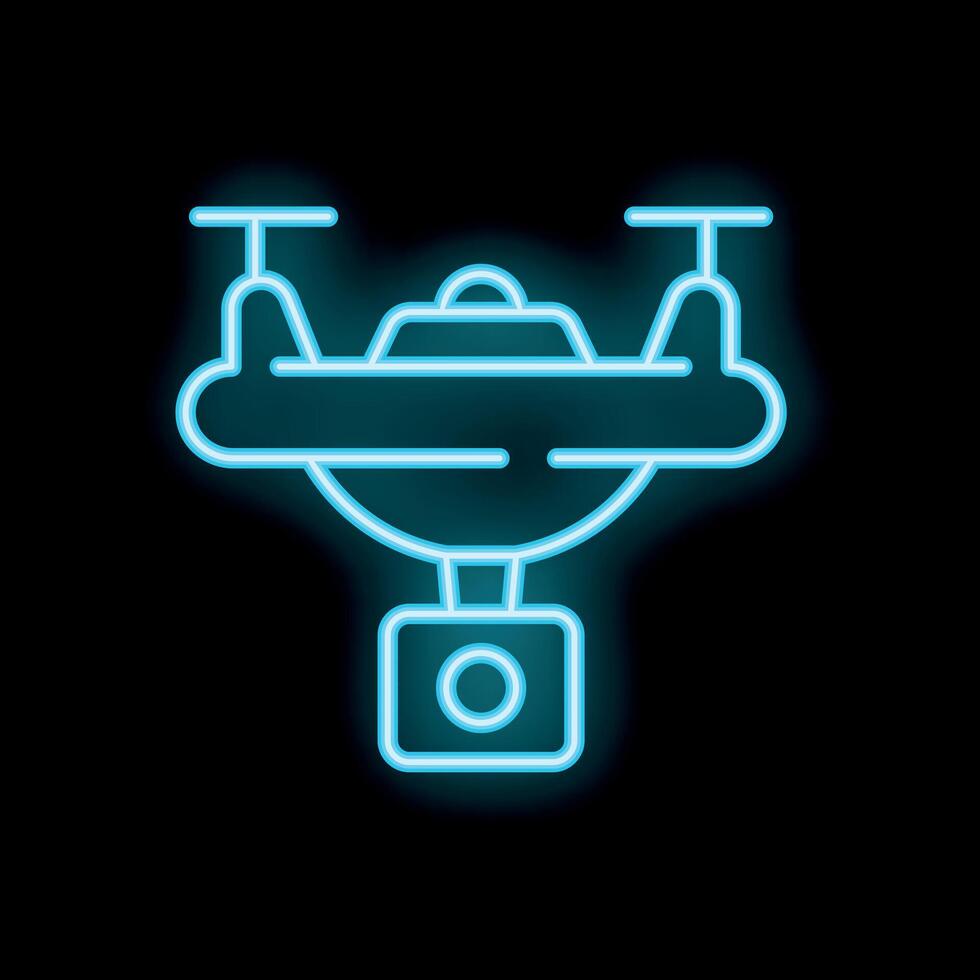 Blue neon icon of a drone recording footage with a camera vector
