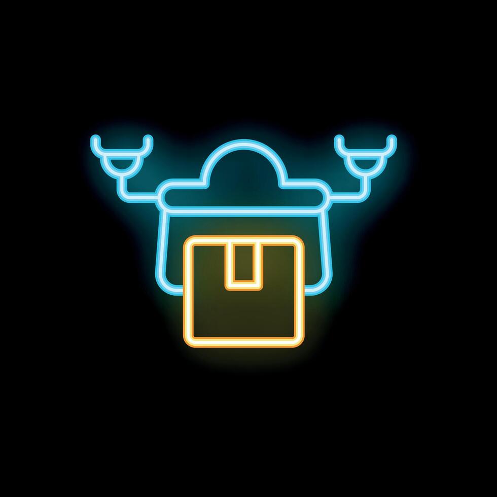 Neon sign of drone delivering a package on black background vector
