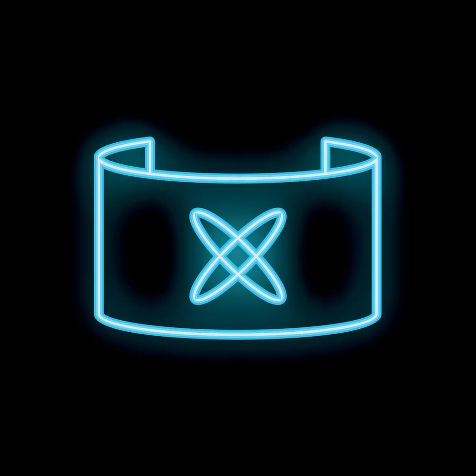 Neon blue curved screen displaying rotating atom symbol on black background vector