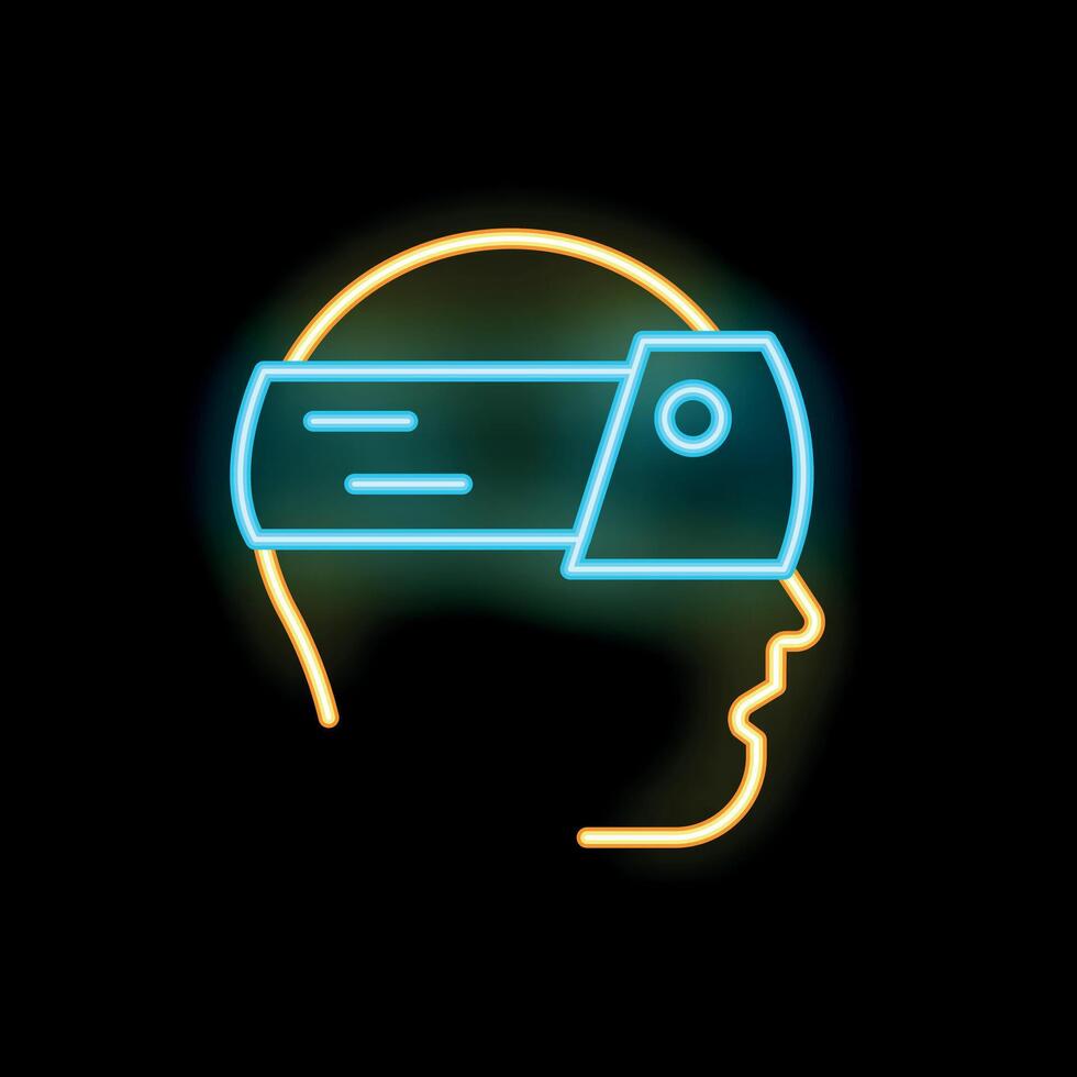 Neon icon of virtual reality headset on human head profile vector