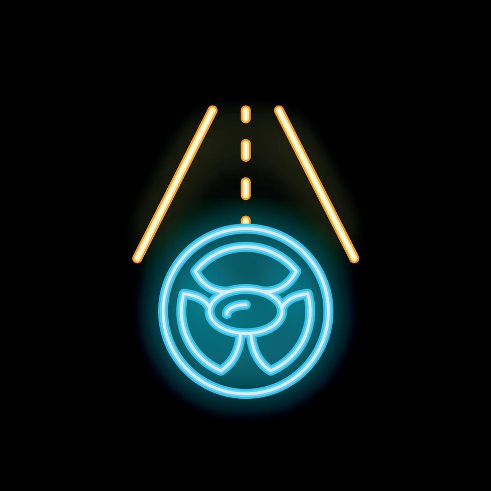 Neon sign showing steering wheel driving over radioactive material on road vector