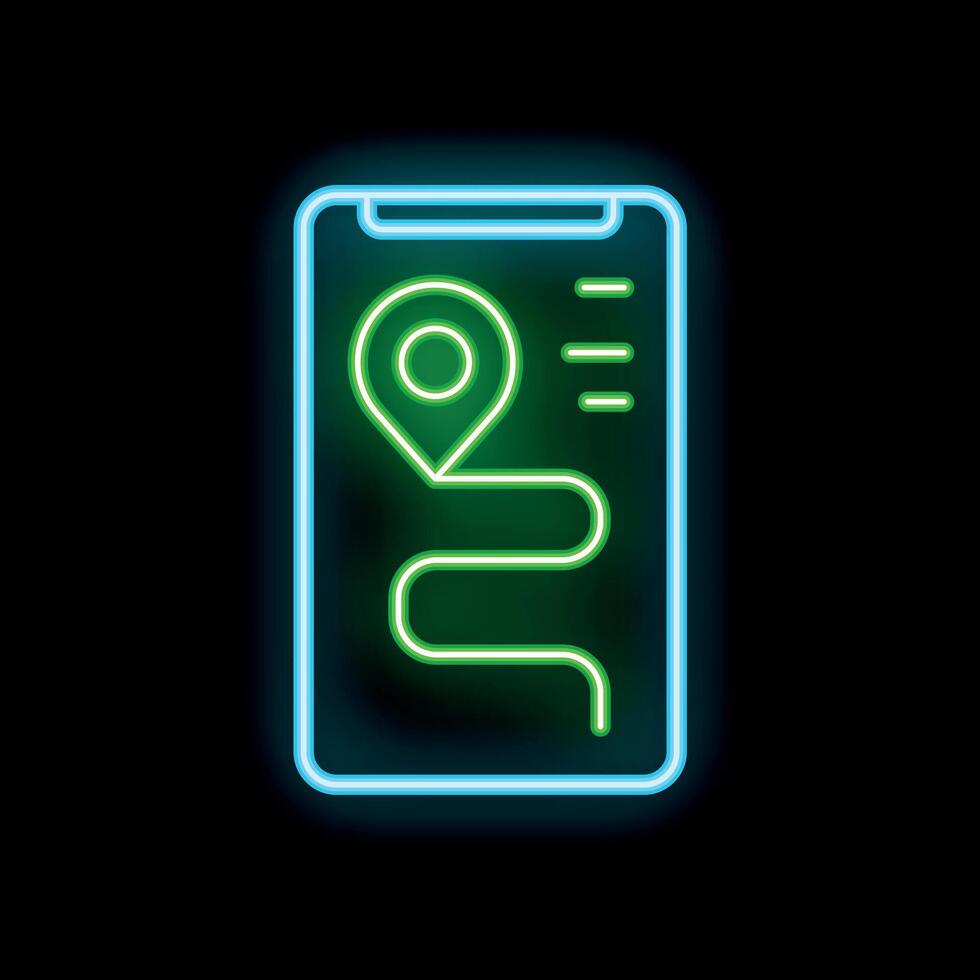Smartphone showing glowing neon route with a pin location icon on black background vector