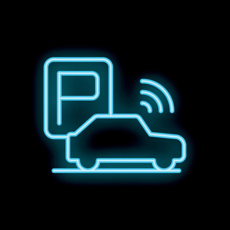 Neon smart parking sign with car detecting available spot icon vector