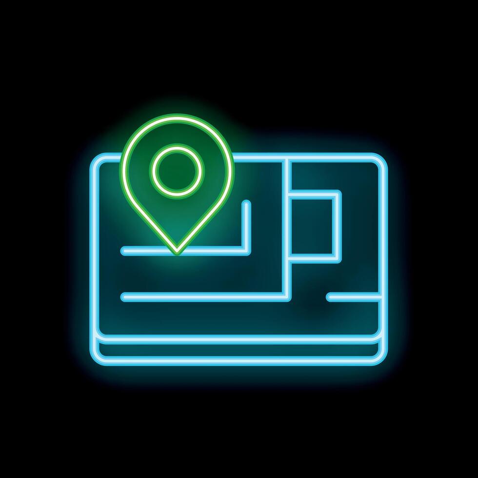 Neon green location pin over city map on black background vector