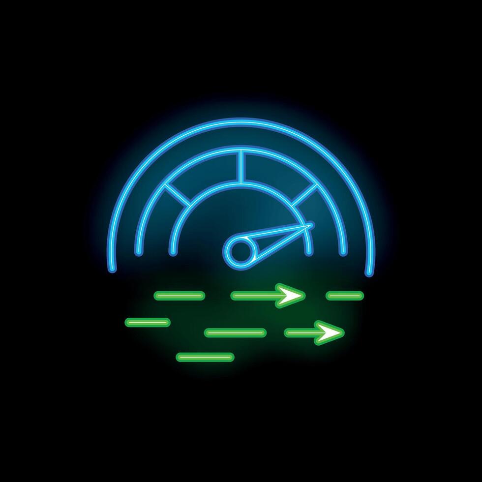Neon speedometer showing progress and speed increasing with arrows vector