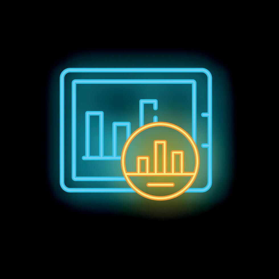 Neon icon of tablet computer showing statistical charts representing business analysis vector