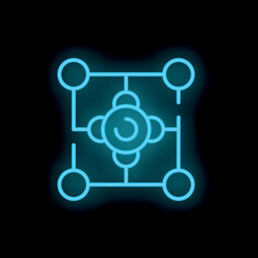 Neon style icon showing a central node with connections on black background vector