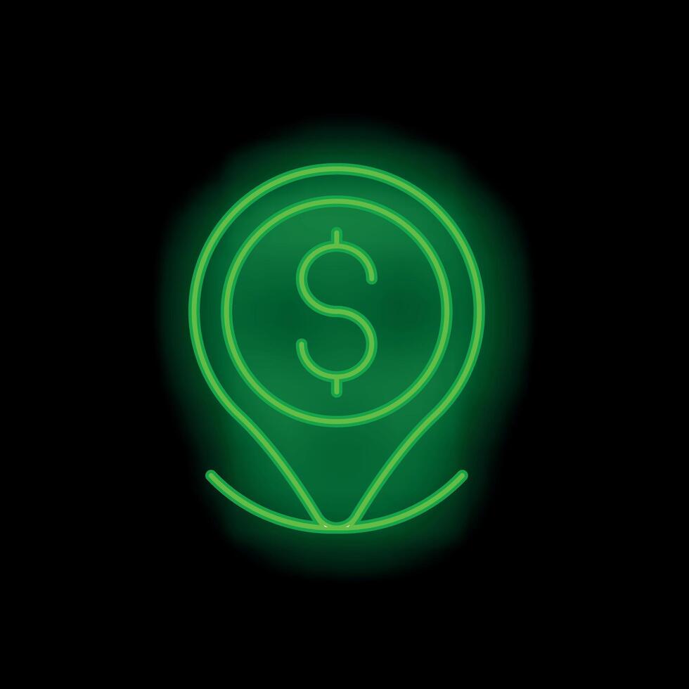 Green neon location pin pointing at dollar sign on black background vector