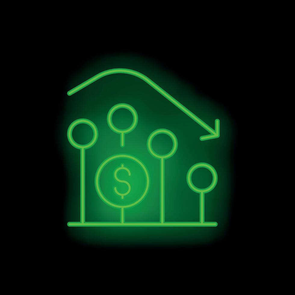 Neon green graph showing money decreasing over time vector