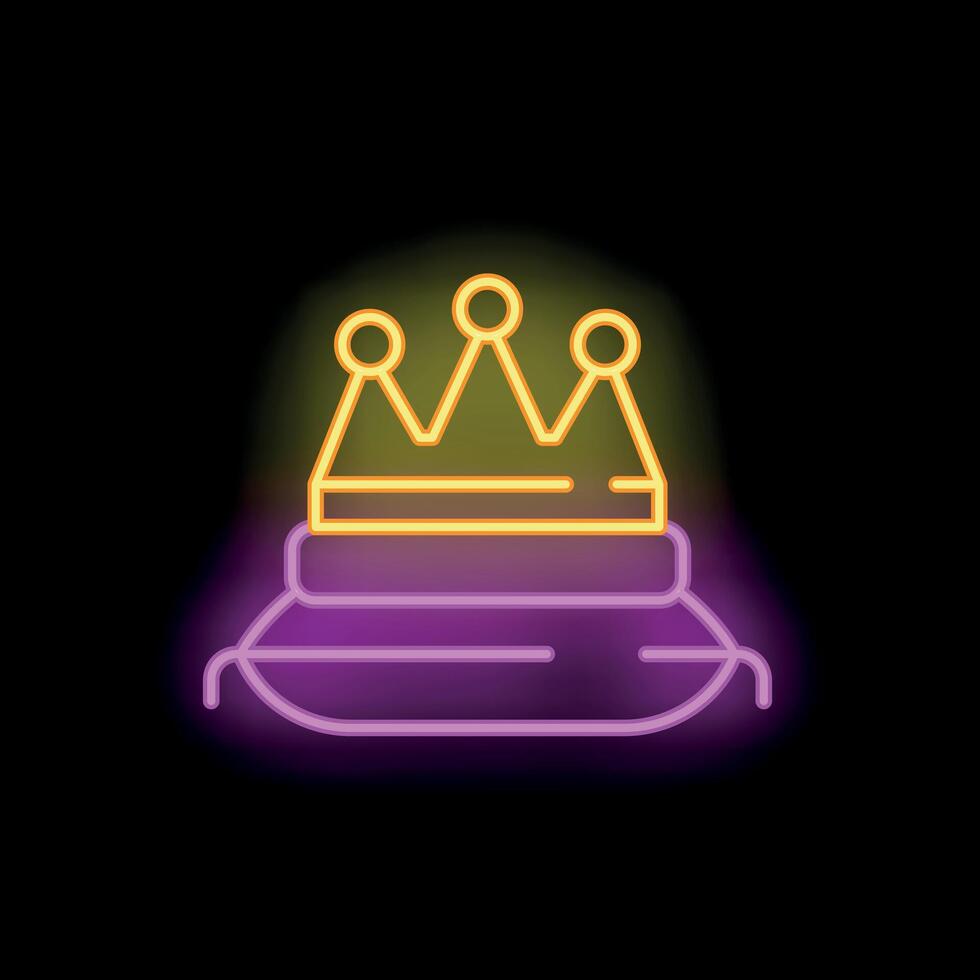 Neon sign representing a golden crown standing on a pillow on black background vector