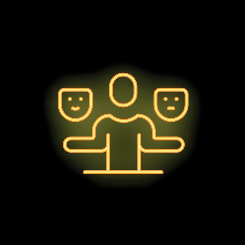 Person choosing between happy and sad emotion mask neon sign vector