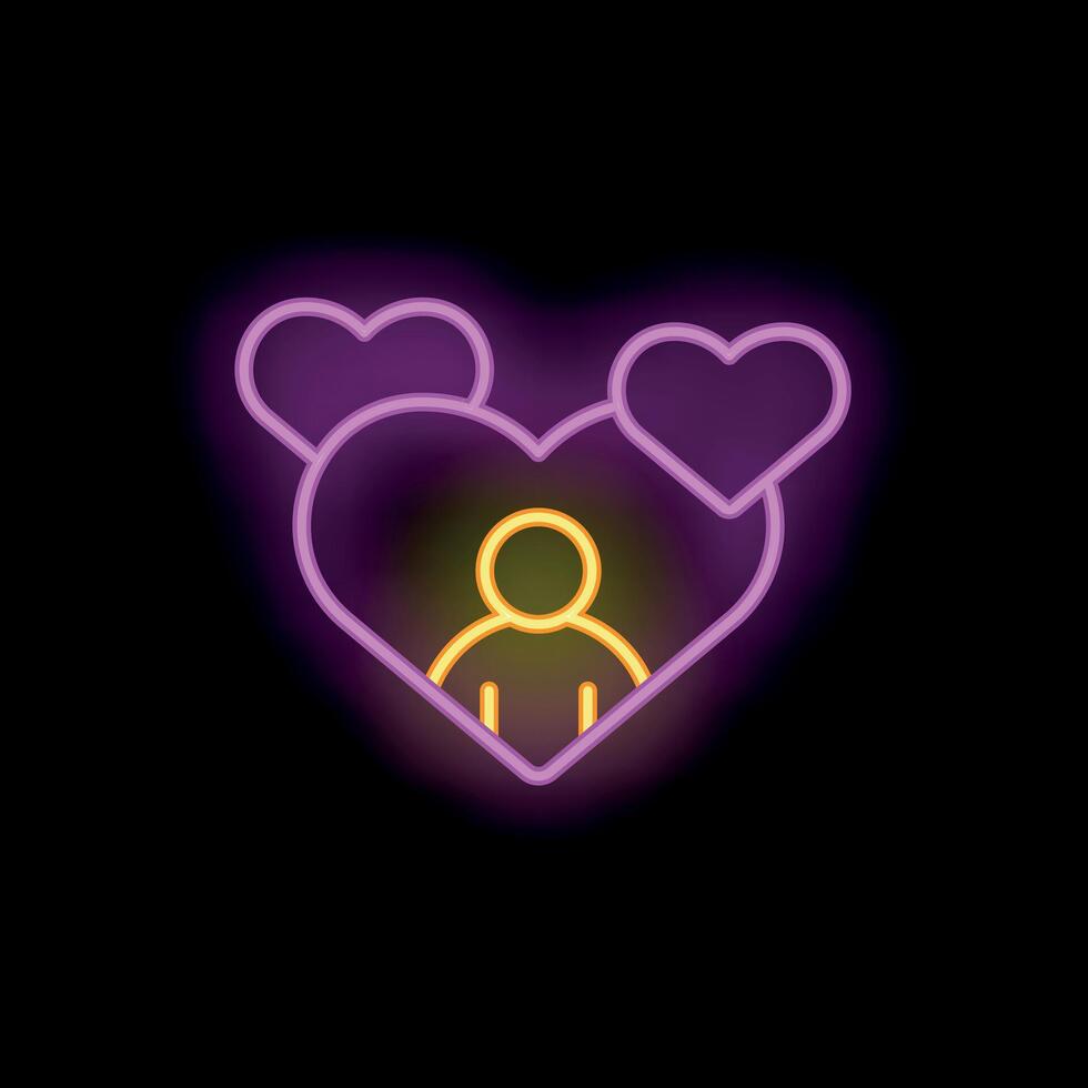Neon sign of person surrounded by hearts on black background vector