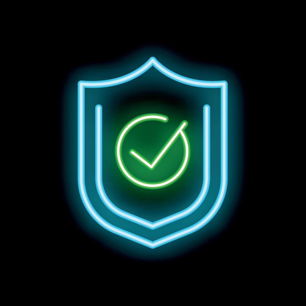 Neon shield showing validated checkmark symbol on black background vector