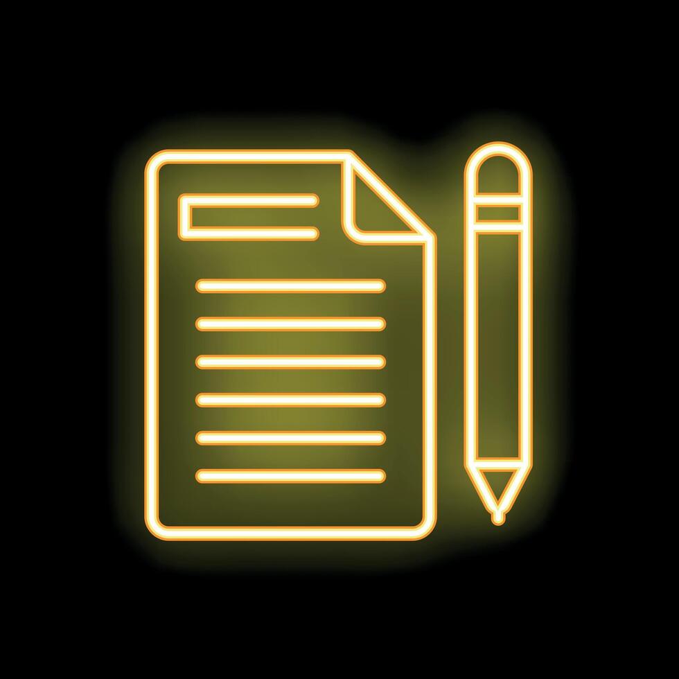 Neon yellow document with lines and pencil icon graphic on black background vector