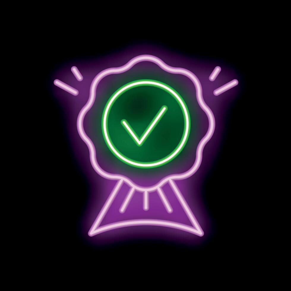 Neon style icon showing green tick mark inside purple approved stamp on black background vector
