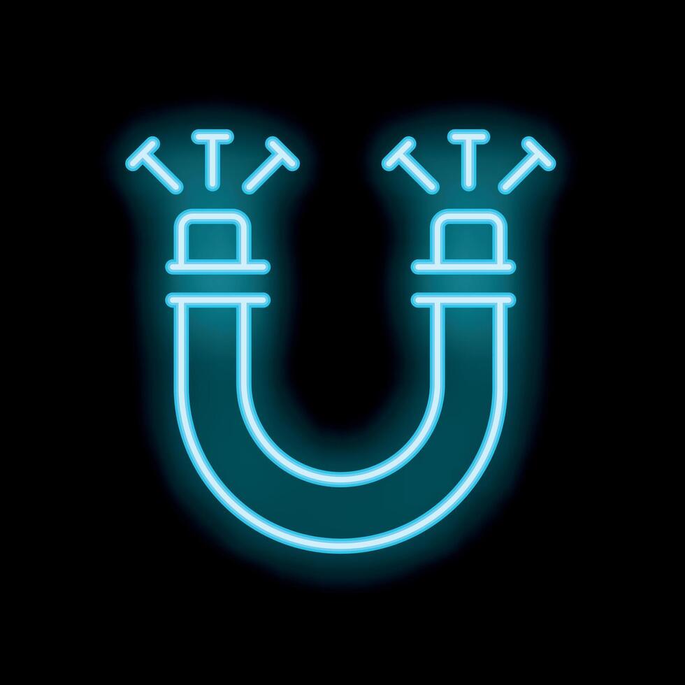 Blue neon horseshoe magnet attracting metal objects icon vector
