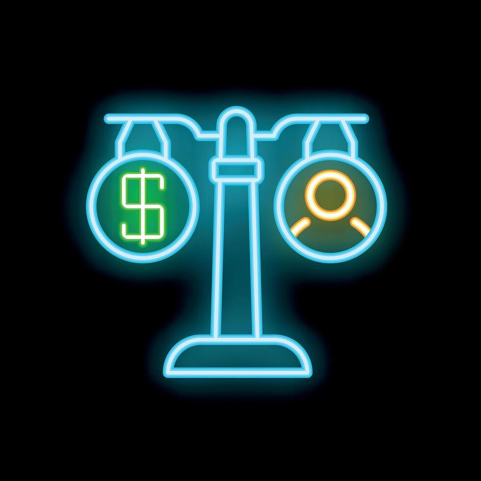 Neon icon of scales balancing money and person representing business ethics vector