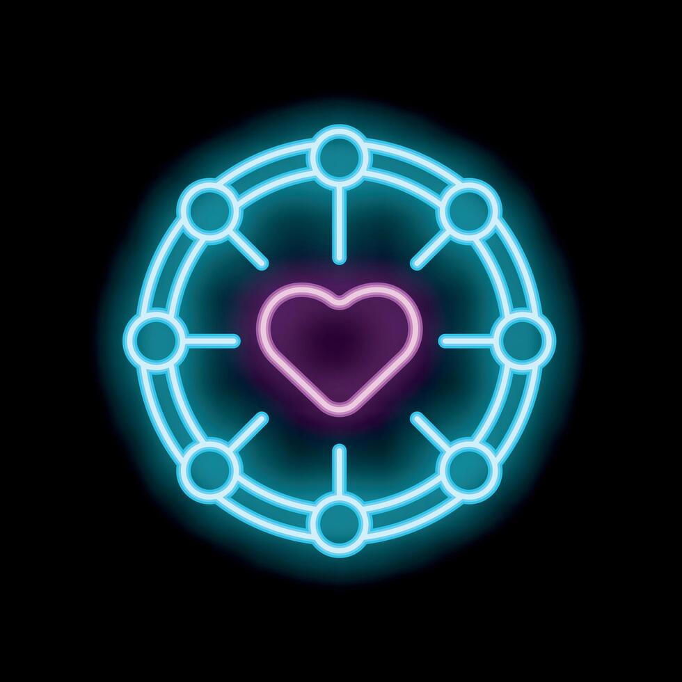 Neon icon of a network spreading love with a heart in center vector