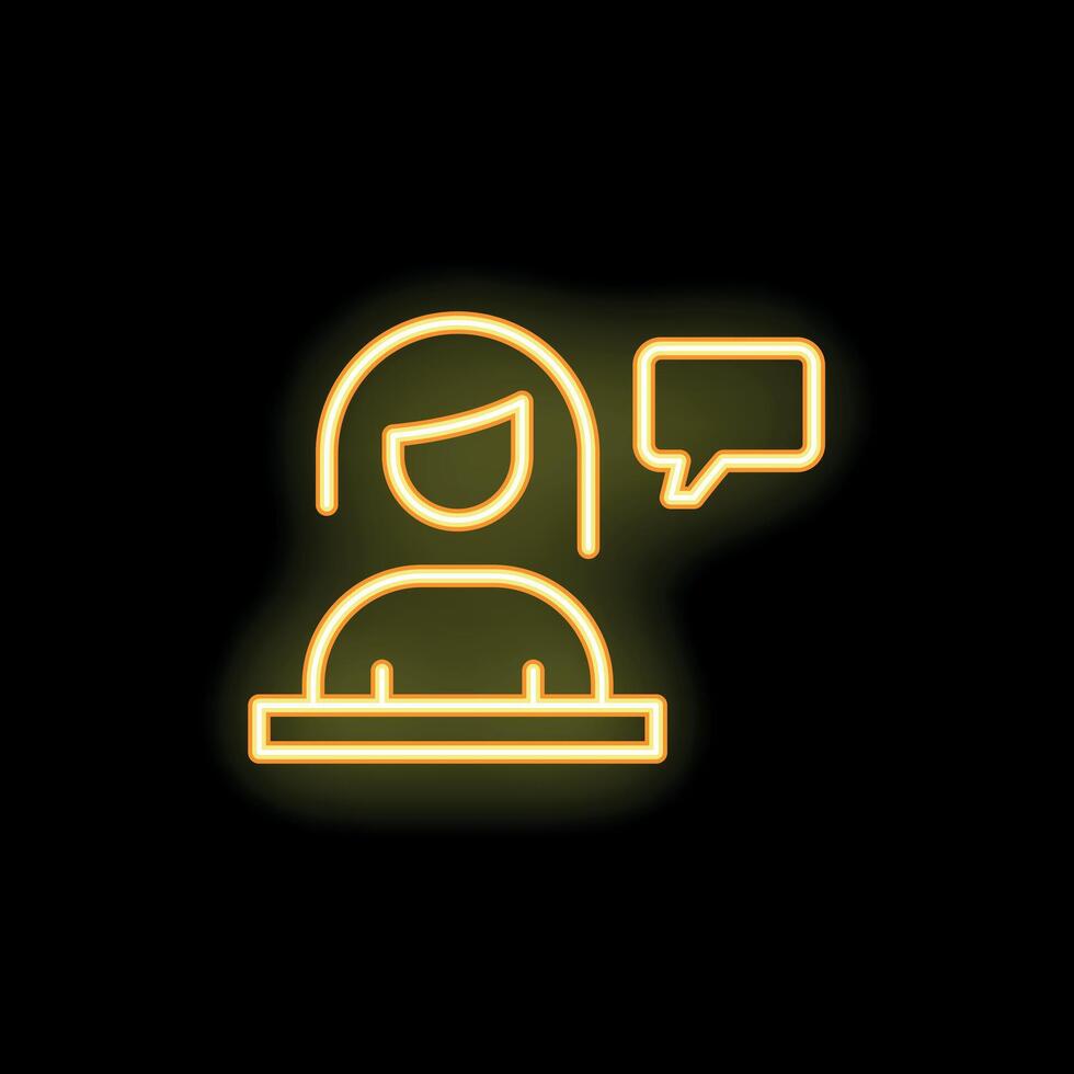 Neon yellow woman speaking with speech bubble icon graphic on black background vector