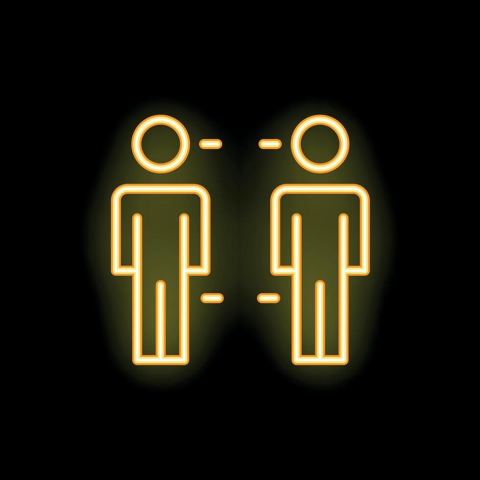 Neon icon of two people social distancing on black background vector