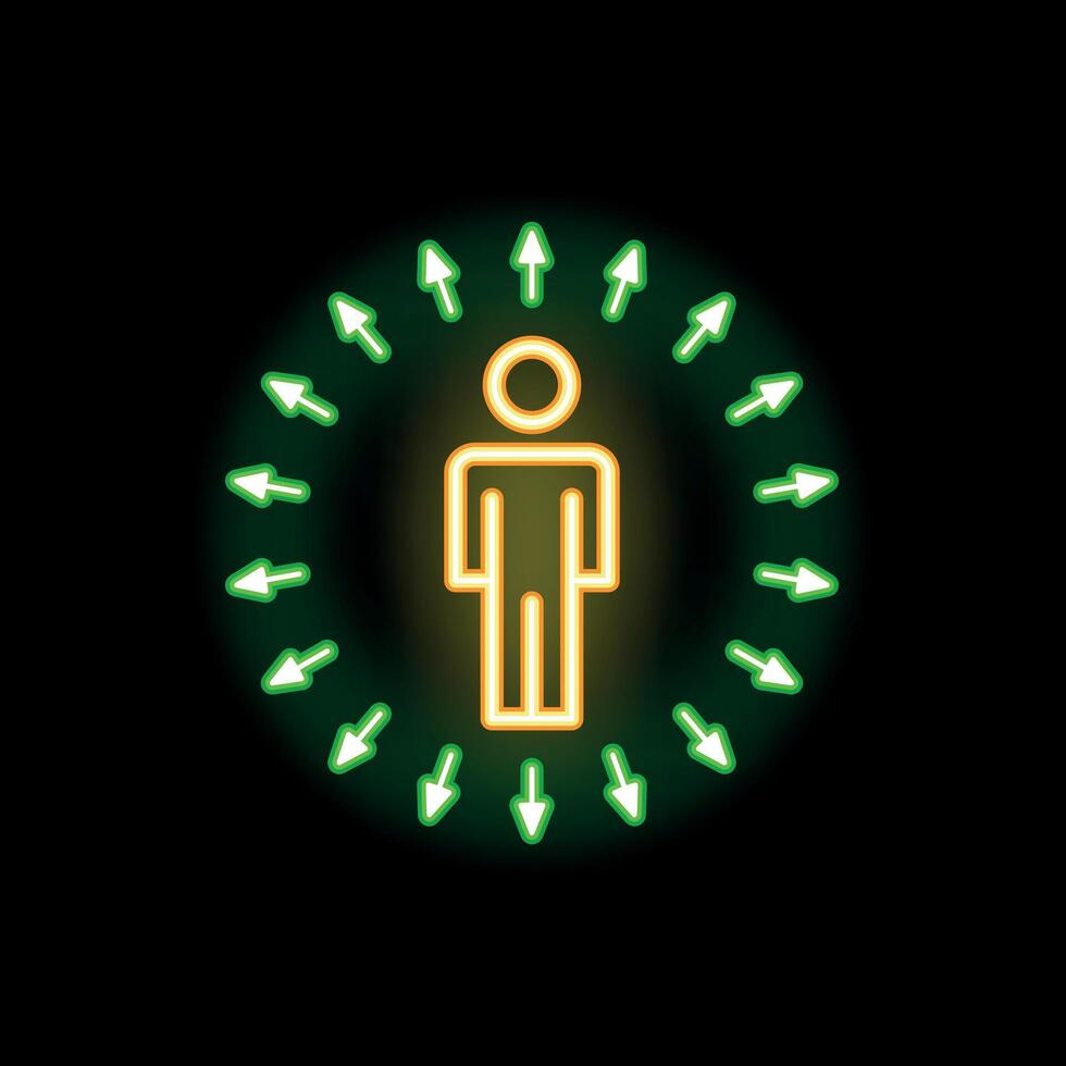 Neon sign representing a person surrounded by arrows pointing inwards vector