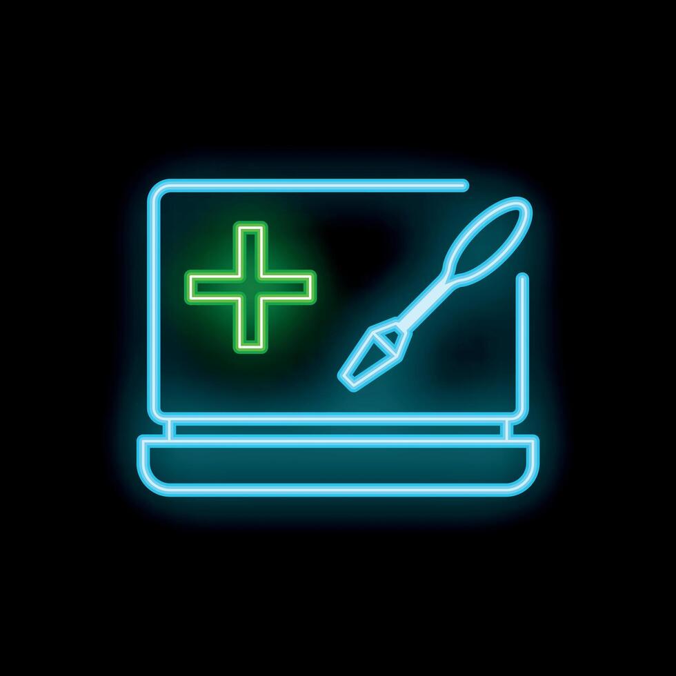 Neon online medical consultation icon with laptop and syringe vector