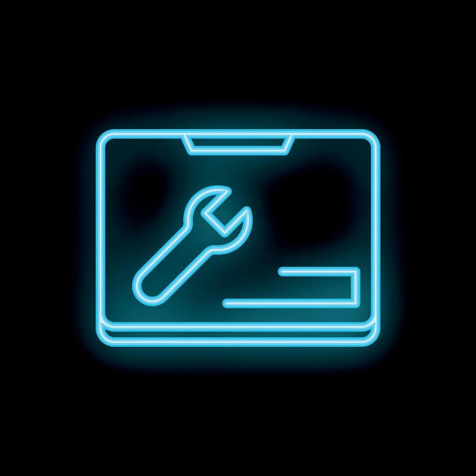 Neon blue wrench icon over laptop screen displaying progress bar illustrating software update concept vector