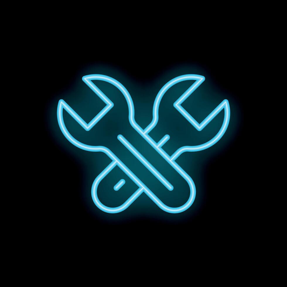 Neon wrench icon glowing against a black background vector