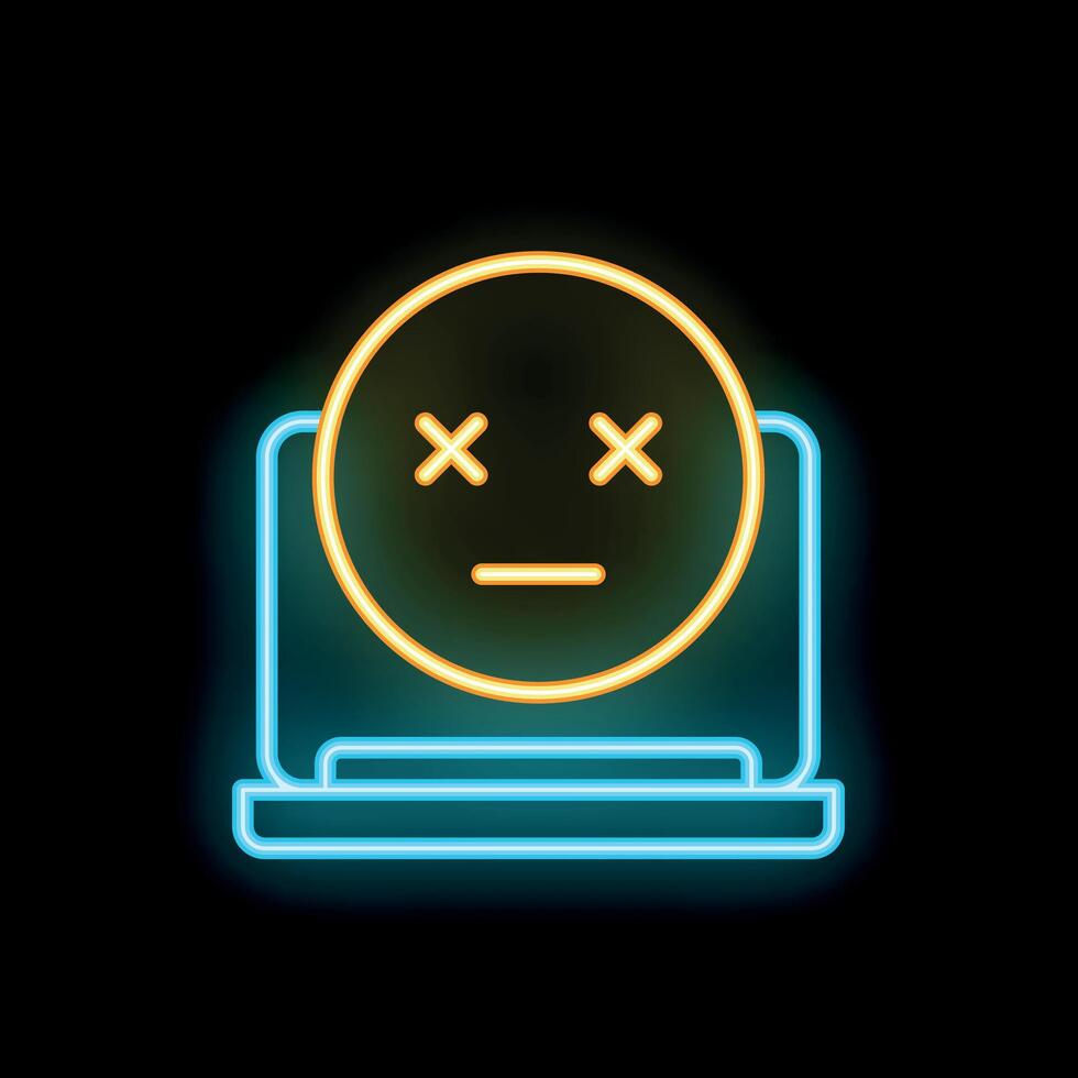 Neon icon of a bored or dead emoji appearing from laptop screen vector