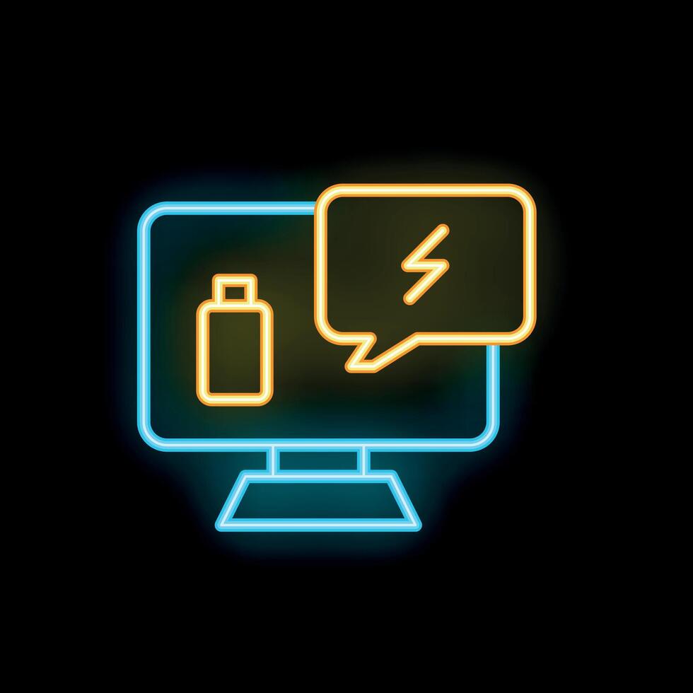 Neon computer icon displaying battery charging status on black background vector
