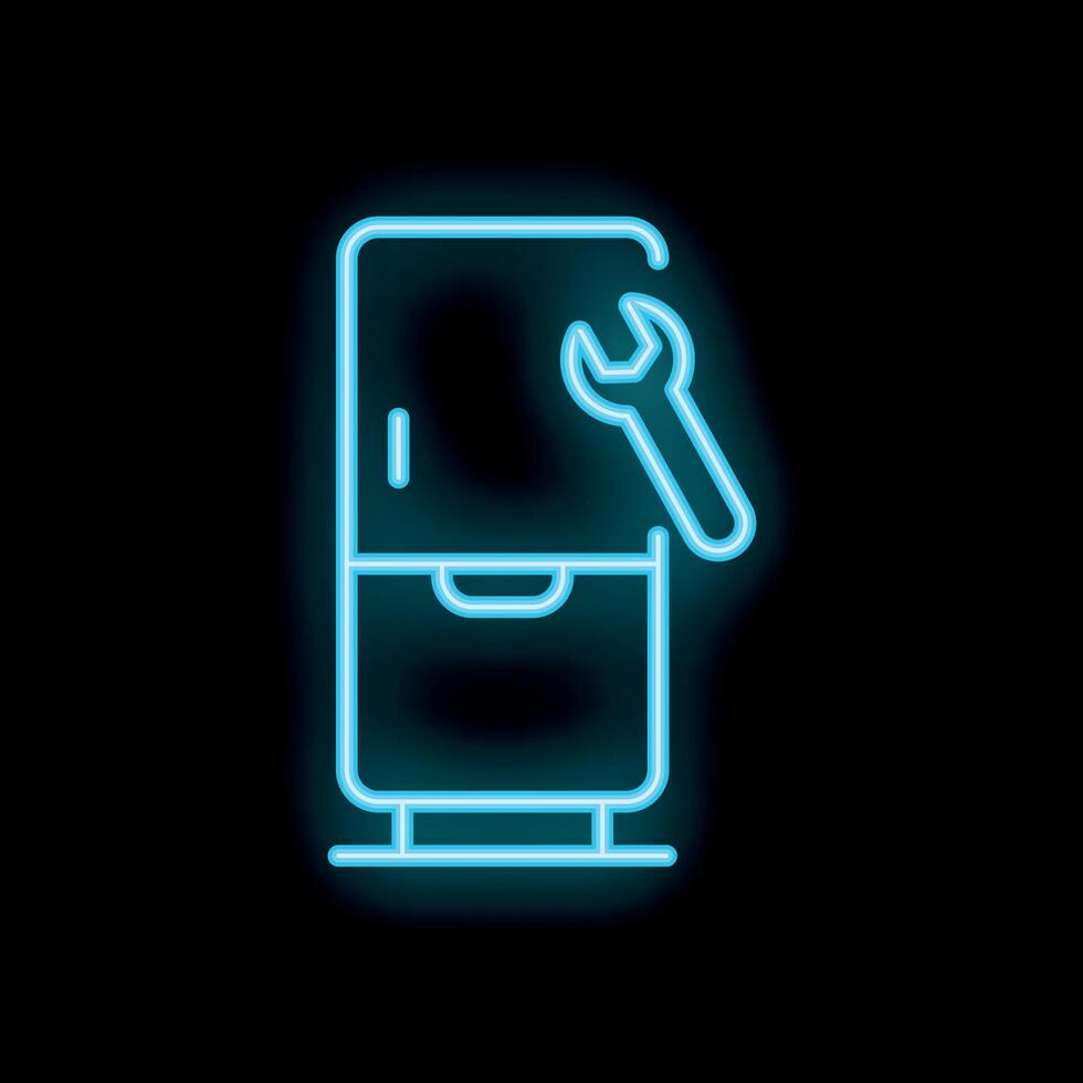 Neon icon of fridge repair service showing wrench fixing refrigerator vector