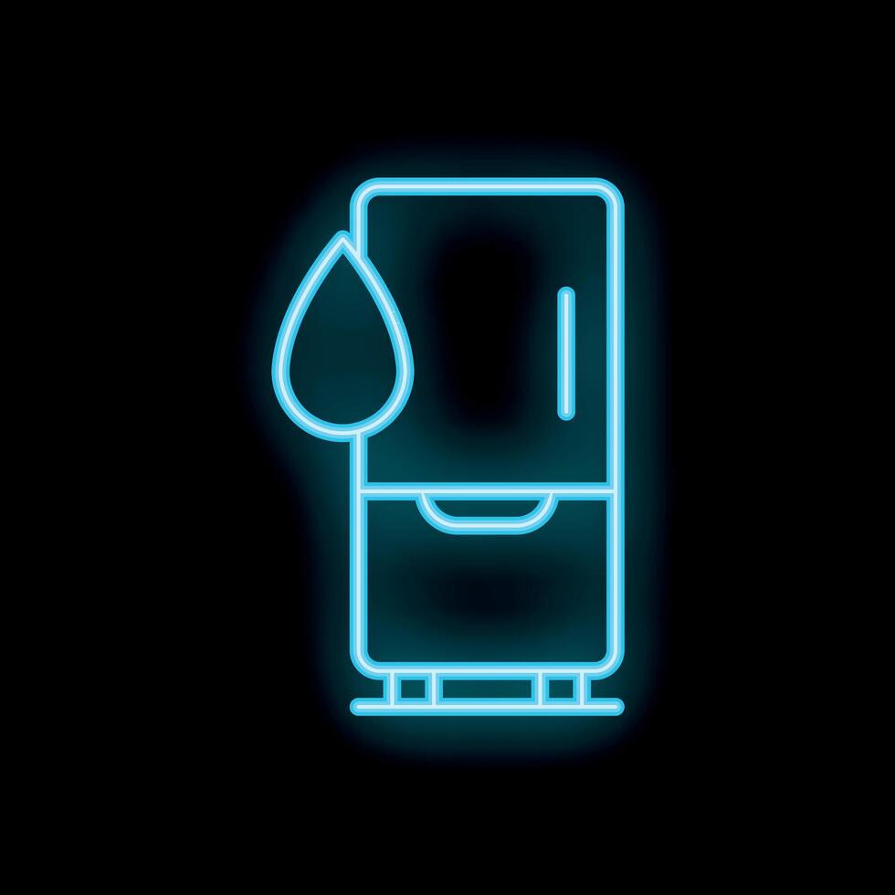 Blue neon icon of a leaking refrigerator depicting food spoilage on black background vector