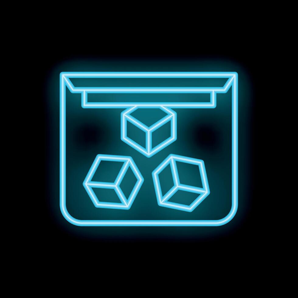 Neon blue open package with falling cubes inside on black background vector