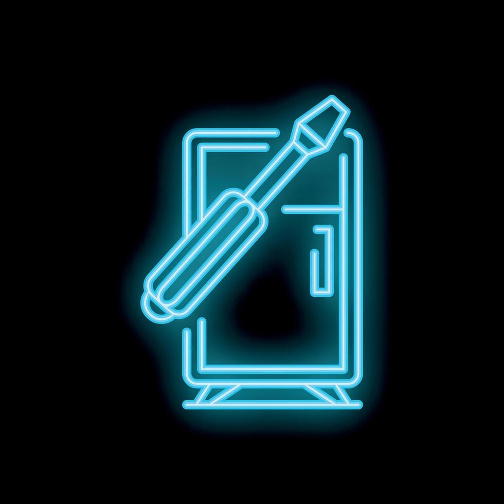 Neon screwdriver repairing a refrigerator icon on black background vector